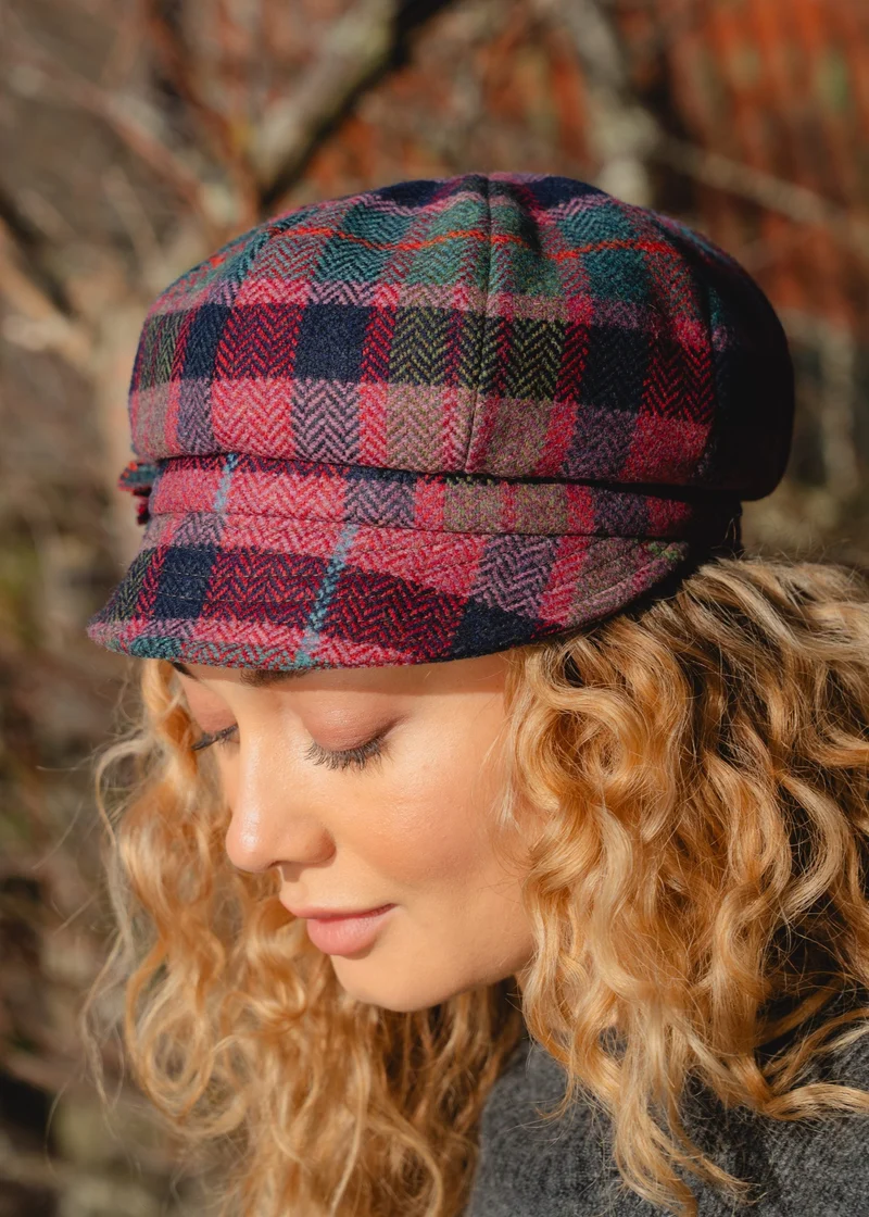 Ladies Tweed Rosette Hat | Rose Pink & Navy Plaid