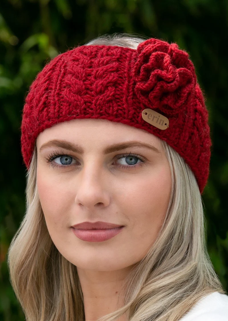 Erin Aran Cable Knitted Wool Flower Headband | Red