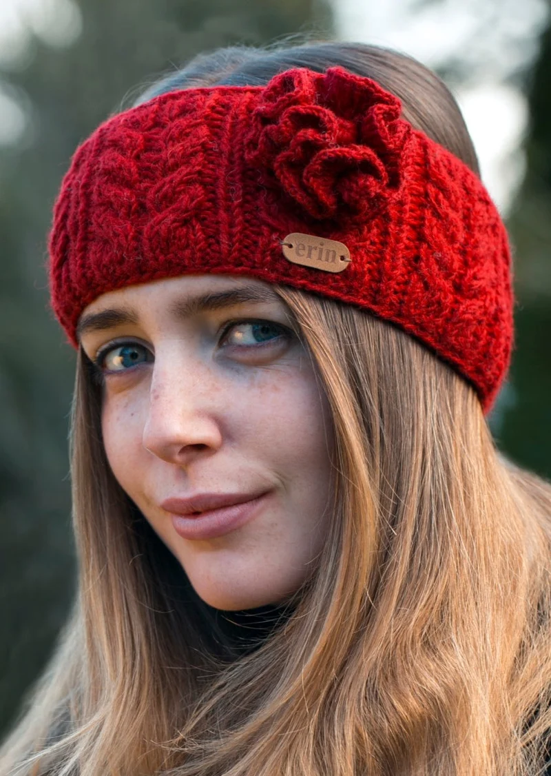Erin Aran Cable Knitted Wool Flower Headband | Red