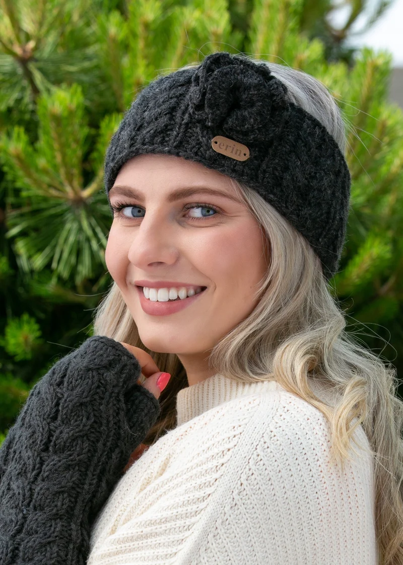 Erin Aran Cable Knitted Wool Flower Headband | Charcoal