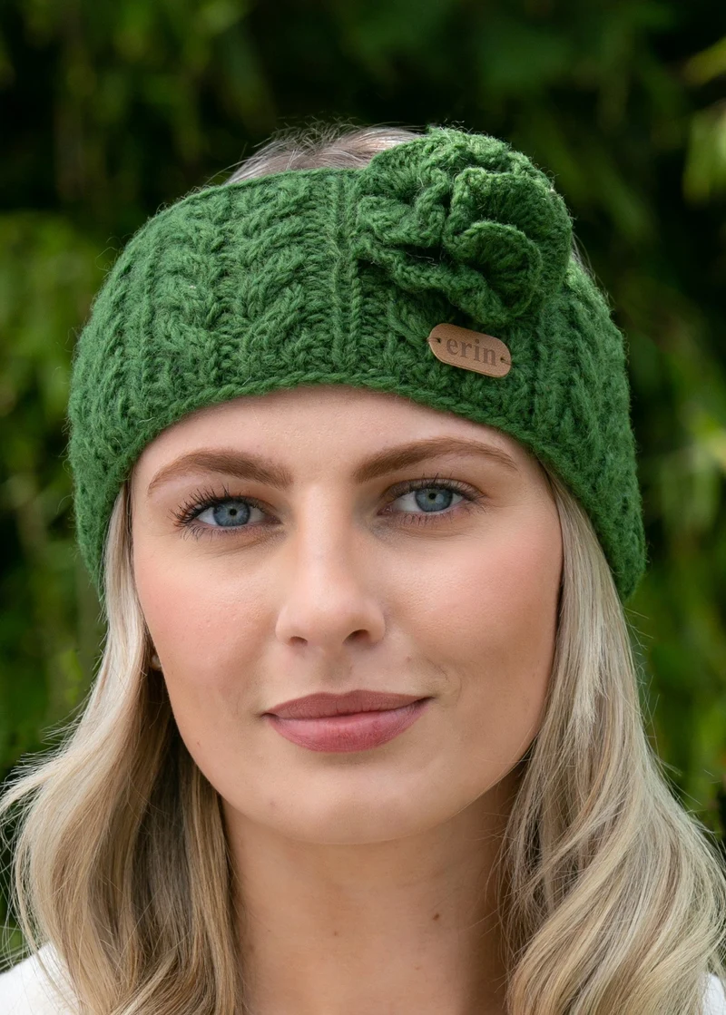 Erin Aran Cable Knitted Wool Flower Headband | Green