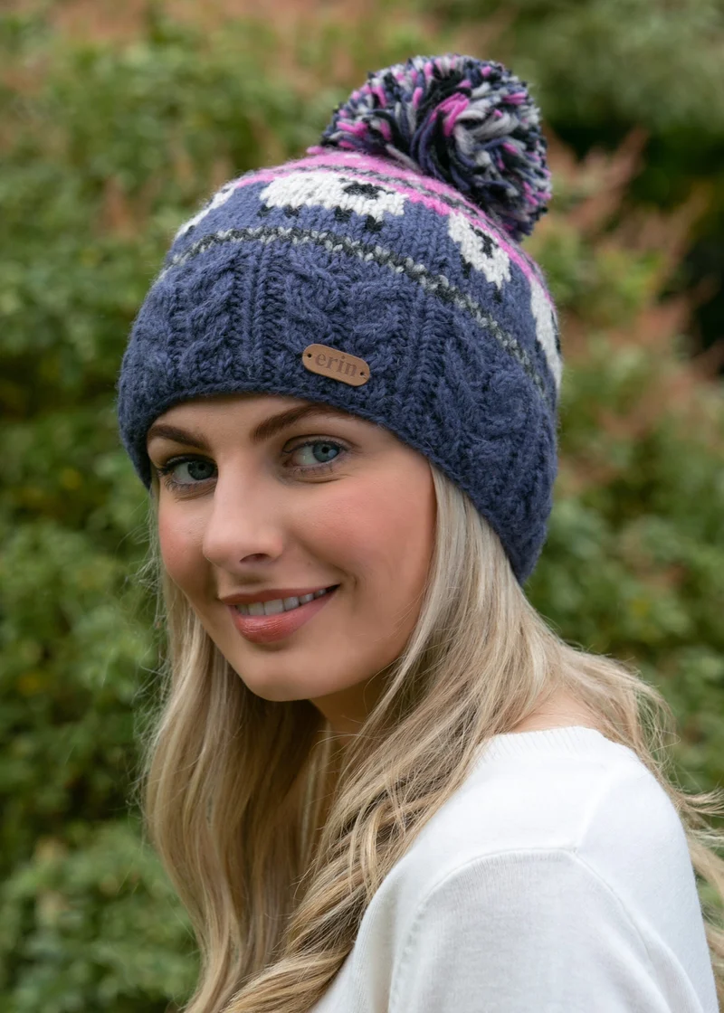Erin Pink Blue Aran Sheep Bobble Hat