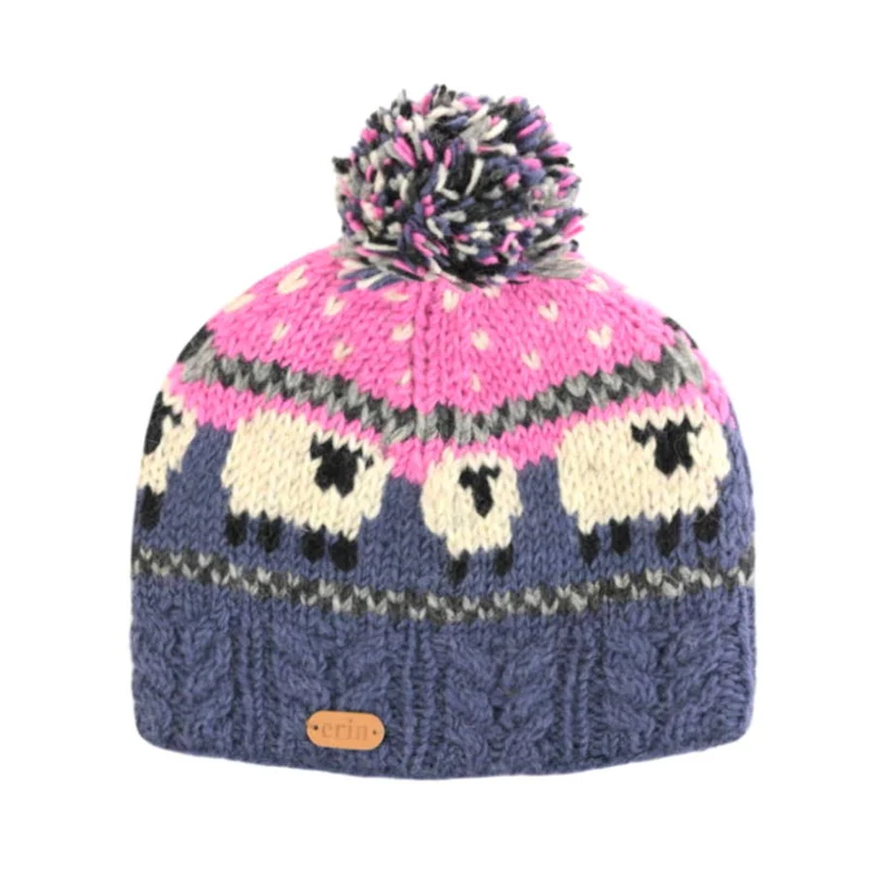 Erin Pink Blue Aran Sheep Bobble Hat