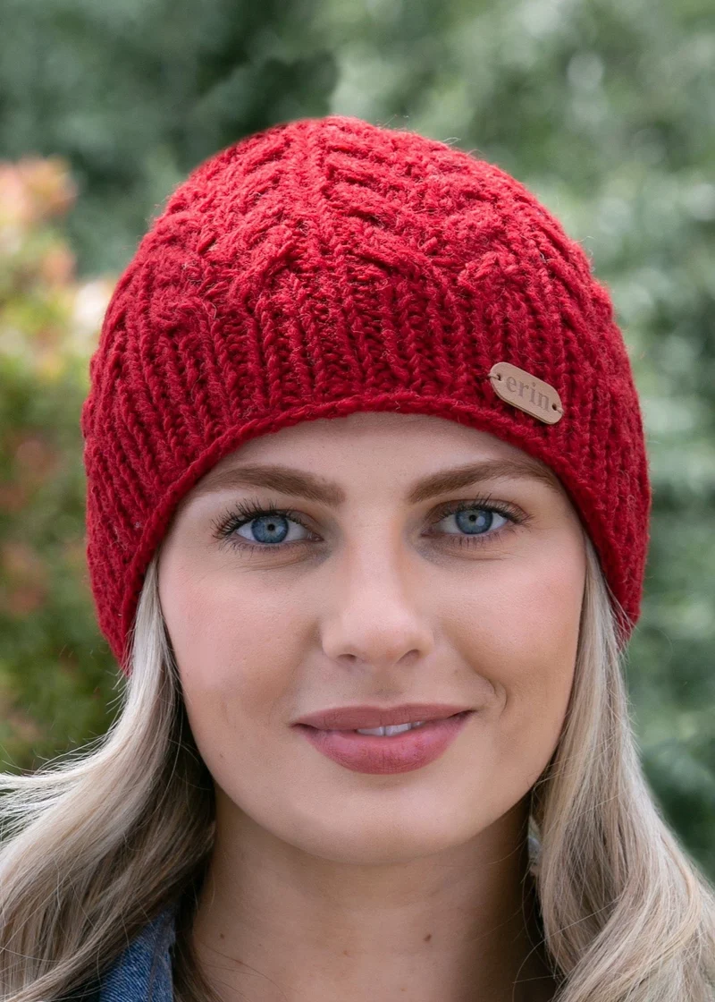 Erin Aran Cable Pullon Hat | Red