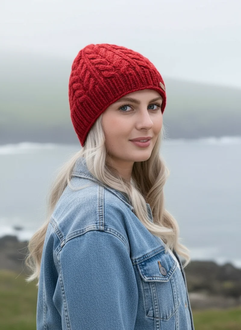 Erin Aran Cable Pullon Hat | Red