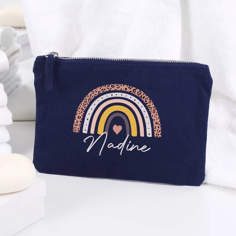 Kosmetiktasche mit Regenbogen-Motiv und Name, 2 Farben zur Auswahl