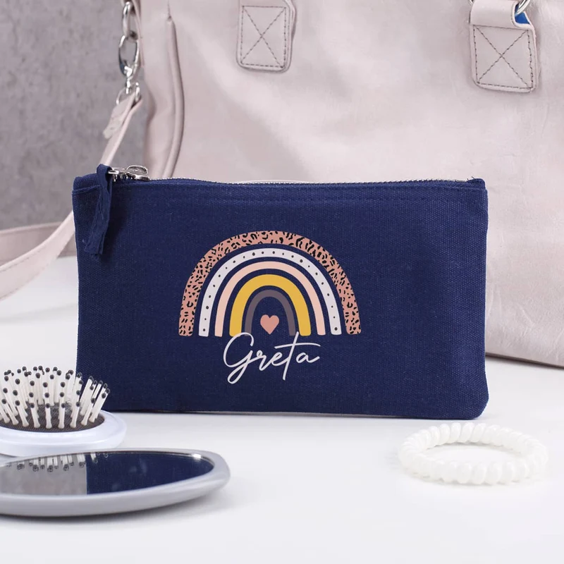 Kosmetiktasche mit Regenbogen-Motiv und Name, 2 Farben zur Auswahl