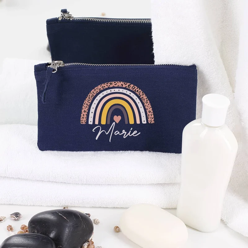 Kosmetiktasche mit Regenbogen-Motiv und Name, 2 Farben zur Auswahl