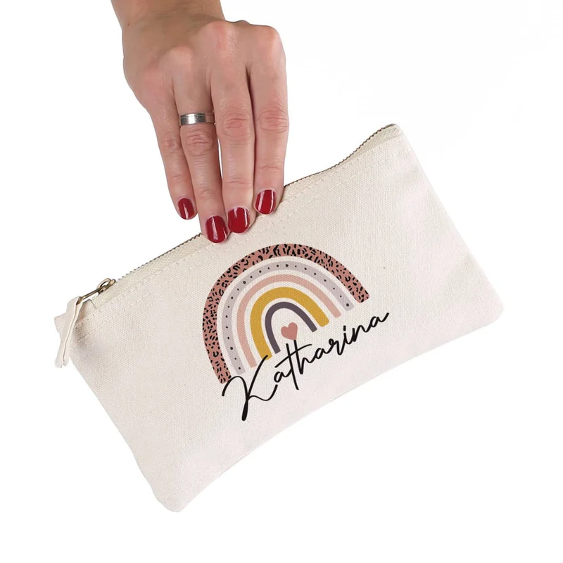 Kosmetiktasche mit Regenbogen-Motiv und Name, 2 Farben zur Auswahl