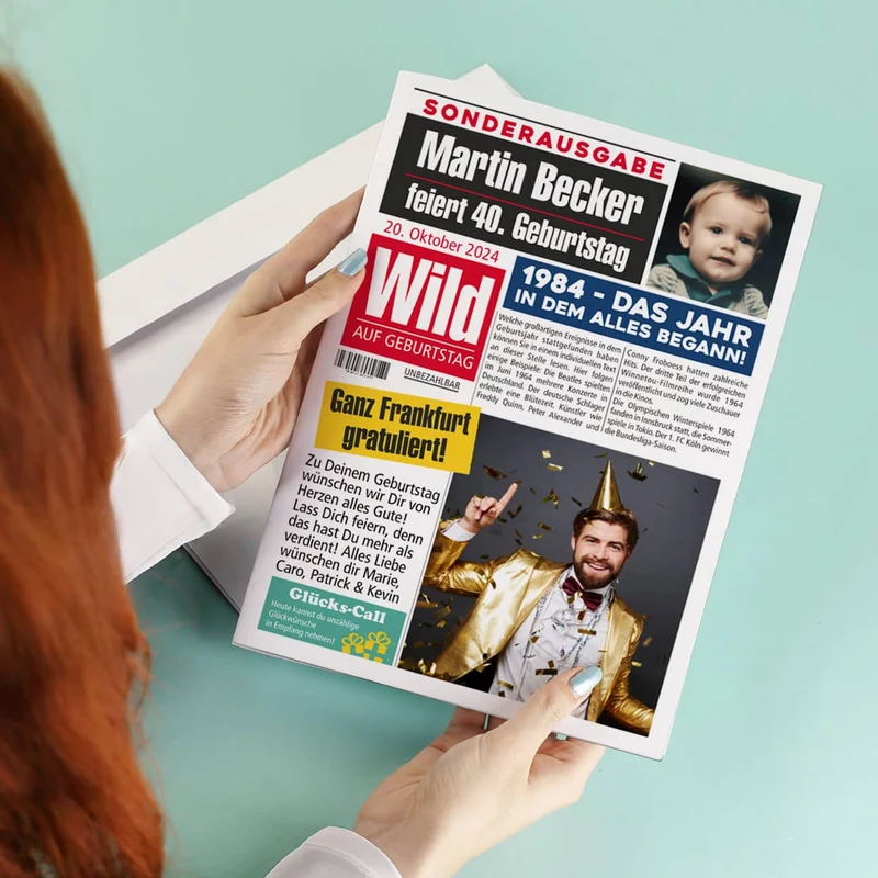 Personalisierte XL Geburtstagszeitung Karte | A4 Klappkarte mit 4 Fotos