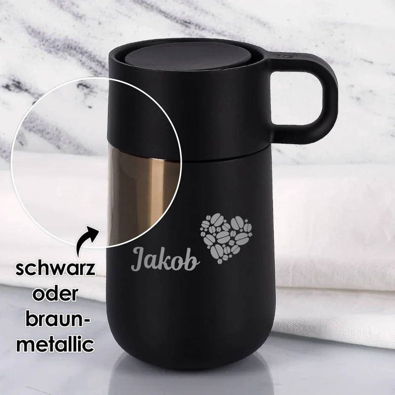 Edler WMF Thermobecher in 2 Farben mit Namensgravur und Kaffeebohnenherz