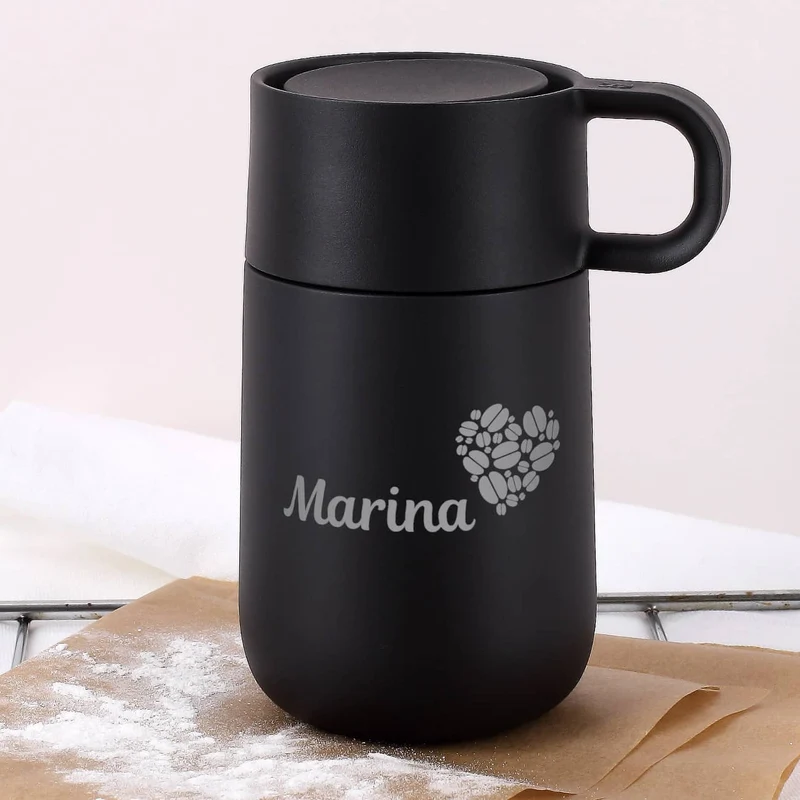 Edler WMF Thermobecher in 2 Farben mit Namensgravur und Kaffeebohnenherz