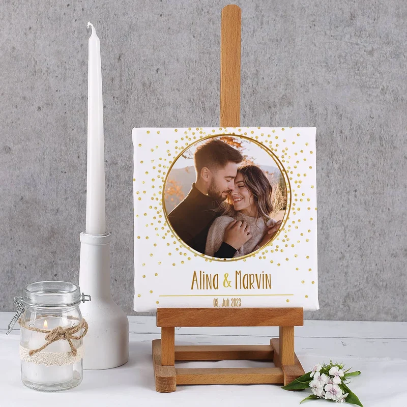 Quadratische Fotoleinwand mit goldenem Motiv zur Hochzeit