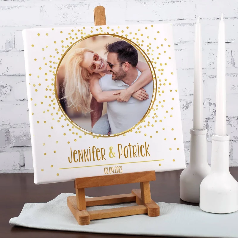 Quadratische Fotoleinwand mit goldenem Motiv zur Hochzeit