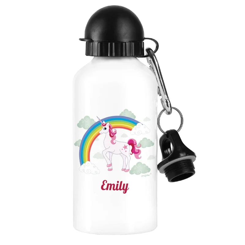 Trinkflasche mit Einhorn, Regenbogen und Name