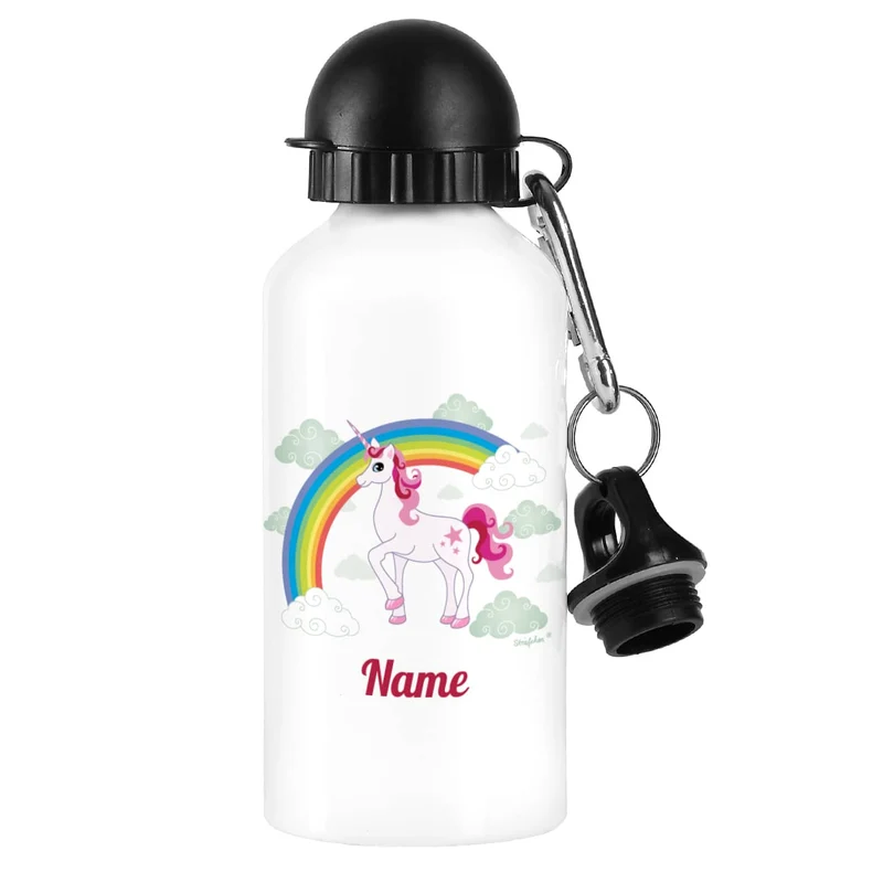Trinkflasche mit Einhorn, Regenbogen und Name