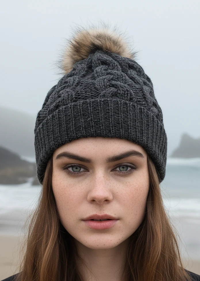 Aran Cable Knit Pom Pom Hat | Charcoal
