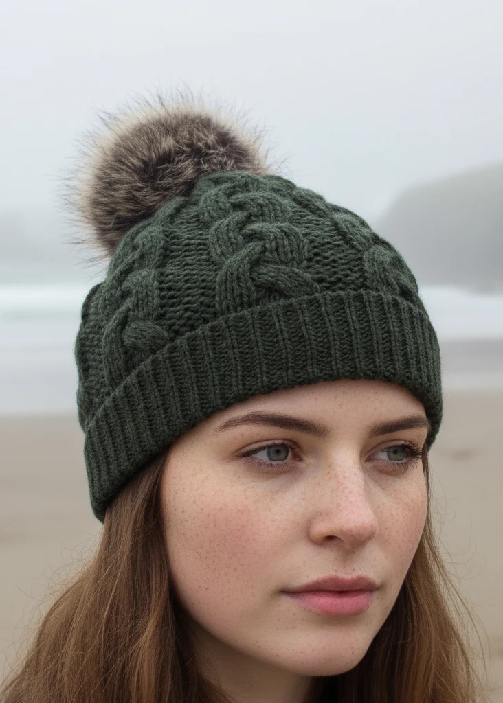 Aran Cable Knit Pom Pom Hat | Green