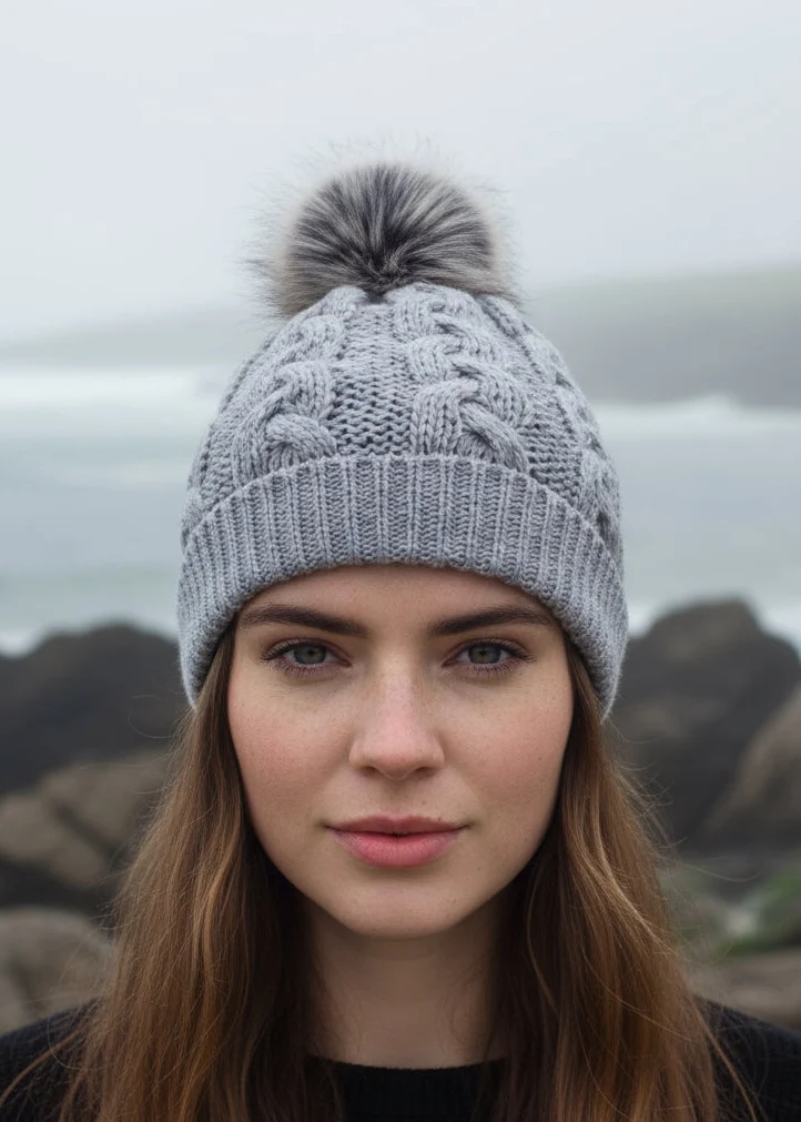 Aran Cable Knit Pom Pom Hat | Grey