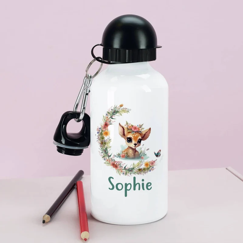 Trinkflasche mit Rehkitz, Blumenranke und Name bedruckt