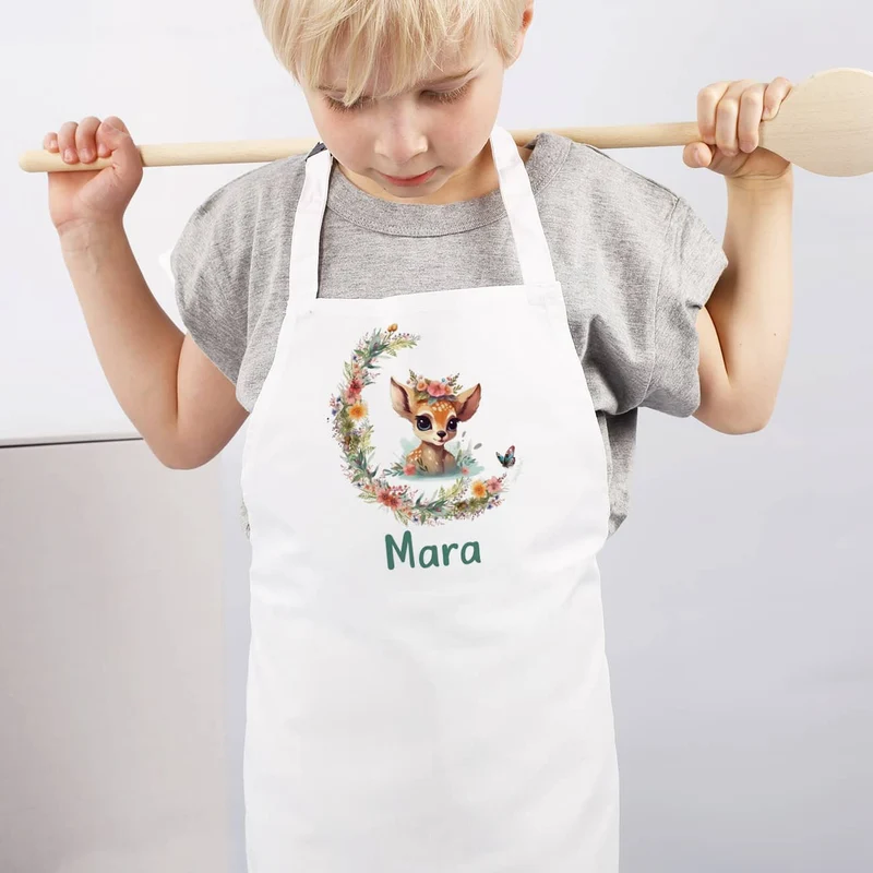 Kinderschürze mit Rehkitz-Motiv und Name
