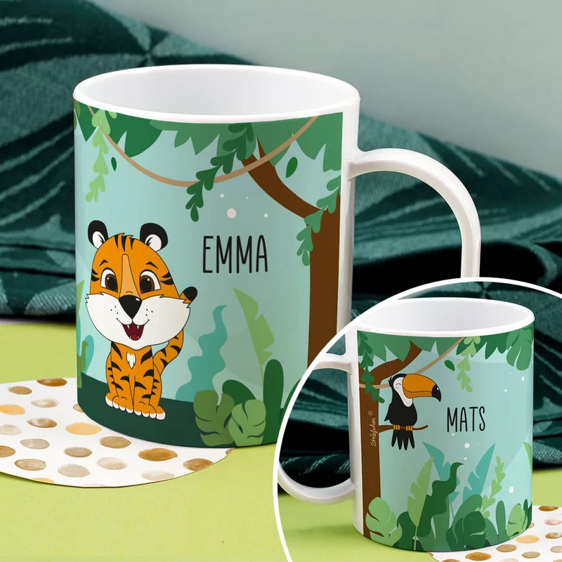 Kunststofftasse mit Dschungelmotiv, Tiger, Tucan und Ihrem Wunschnamen