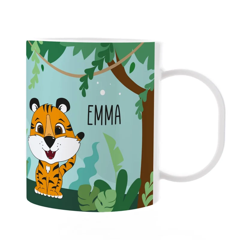 Kunststofftasse mit Dschungelmotiv, Tiger, Tucan und Ihrem Wunschnamen