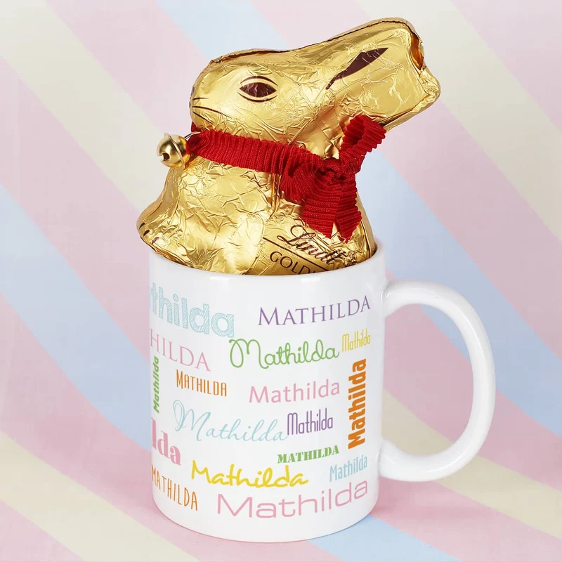 Namenstasse in bunten Frühlingsfarben mit verschiedenen Füllungen