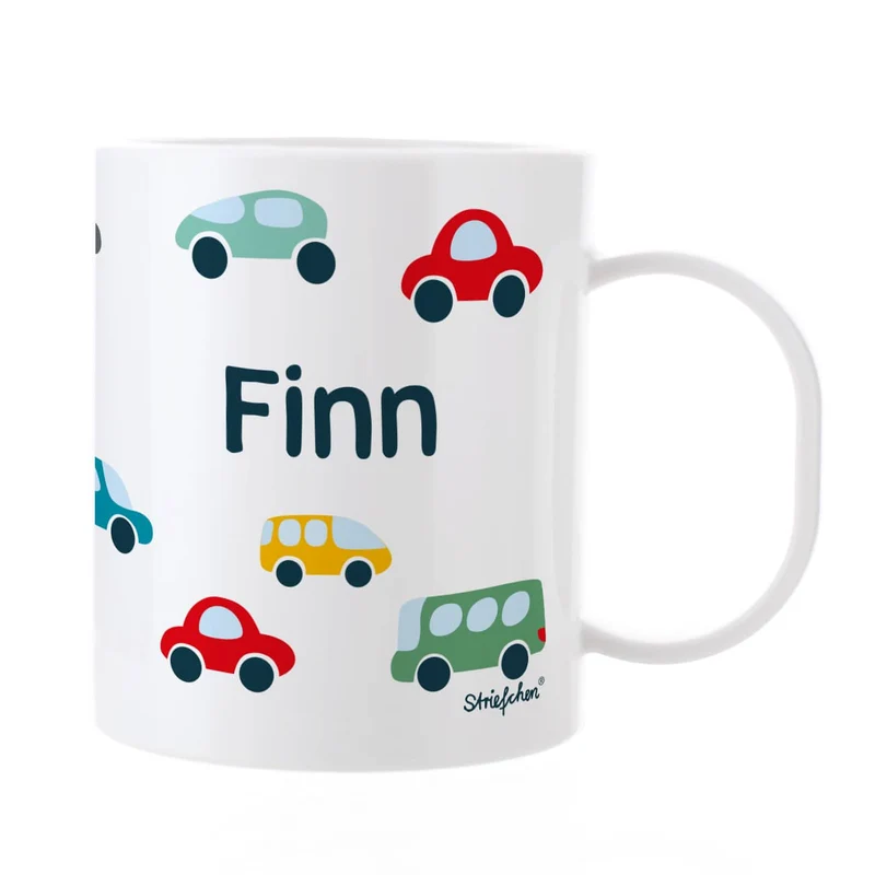 Leichte Kunststofftasse für Kinder mit Autos bedruckt