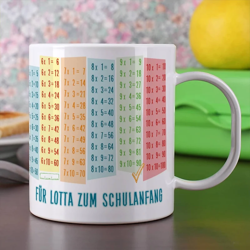 Bruchfeste Tasse zum Schulanfang mit Einmaleins und Wunschtext als Geschenk für Kinder