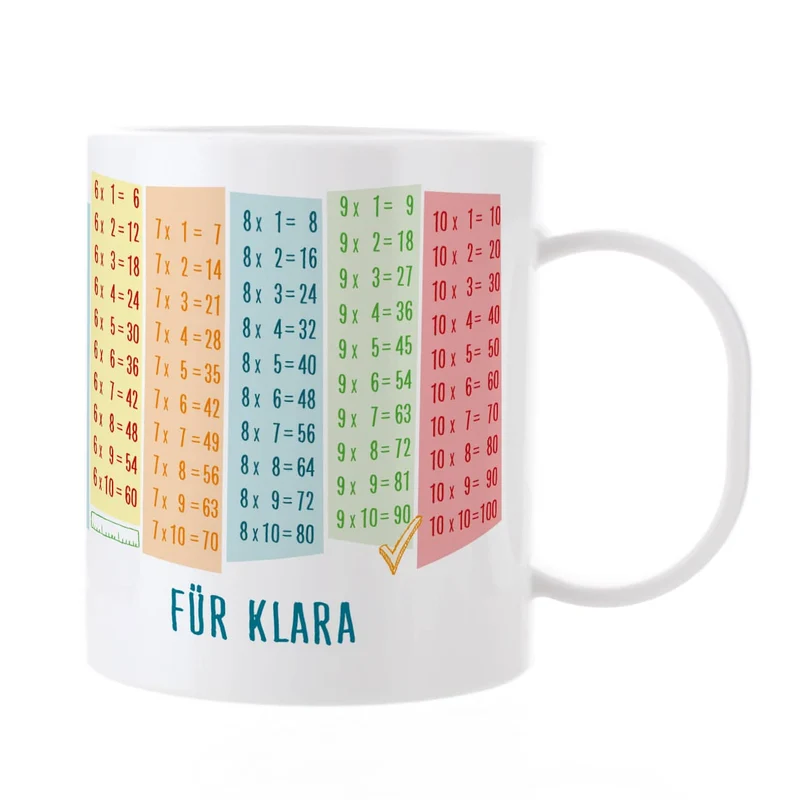 Bruchfeste Tasse zum Schulanfang mit Einmaleins und Wunschtext als Geschenk für Kinder