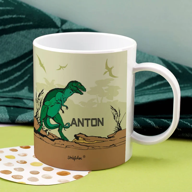 Schöne Kindertasse mit Dinosaurier und Namen des Kindes | Geschenk für Einschulung & Kinder