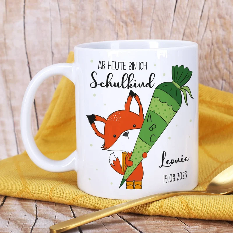 Ab jetzt Schulkind - Tasse mit niedlichem Fuchsmotiv als Geschenk zur Einschulung