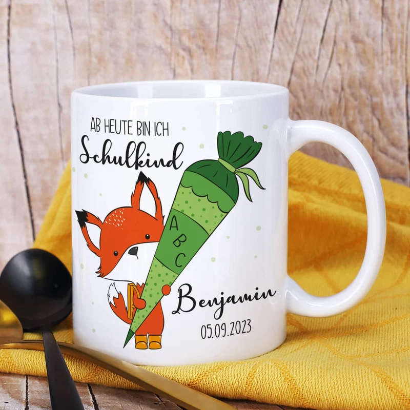 Ab jetzt Schulkind - Tasse mit niedlichem Fuchsmotiv als Geschenk zur Einschulung