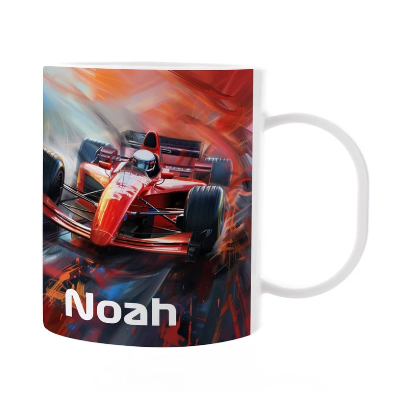 Kunststofftasse mit Rennwagen und Wunschname bedruckt
