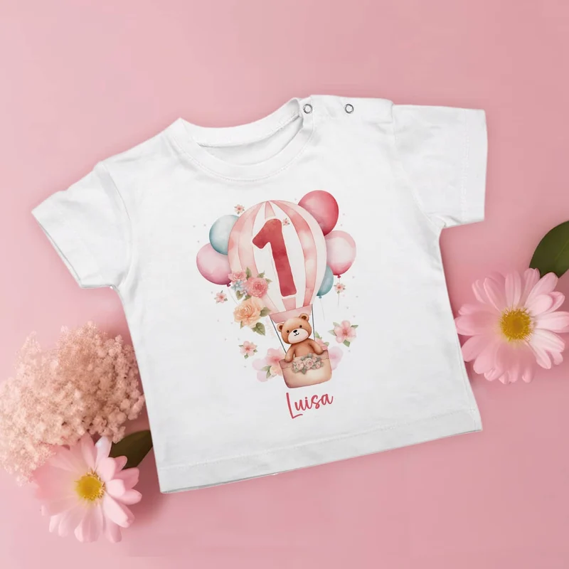 Geburtstagshirt Baby mit großer 1, Teddy im Heißluftballon, Blumen und Name