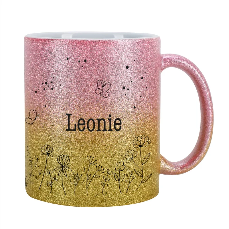 Glitzertasse mit Blumenwiese und Ihrem Wunschnamen bedruckt