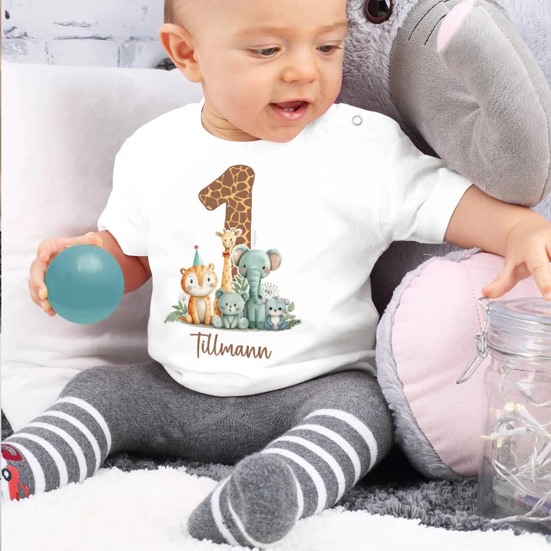 Baby T-Shirt - Geburtstagshirt - mit großer 1, Wildtieren und Name