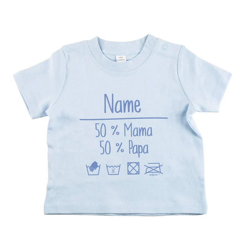 Babyshirt in blau mit Name und lustiger Waschanleitung