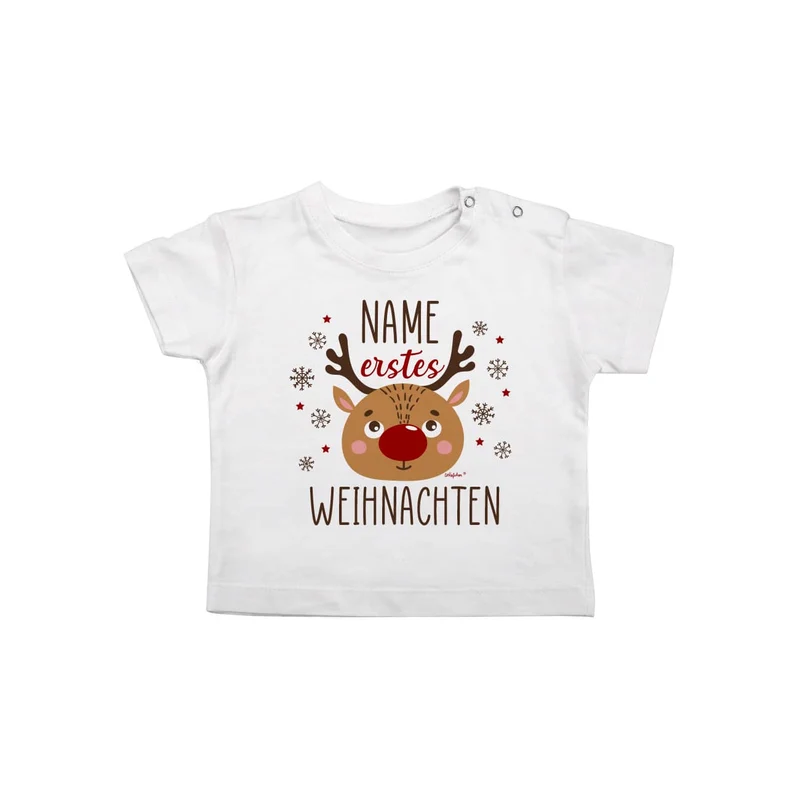Baby T-Shirt - erstes Weihnachten - mit Name und niedlichem Rentiermotiv