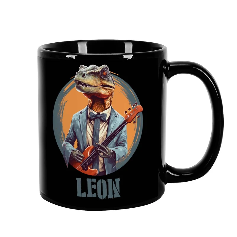Coole Tasse in schwarz mit Crazy-Dinos und Ihrem Wunschnamen bedruckt