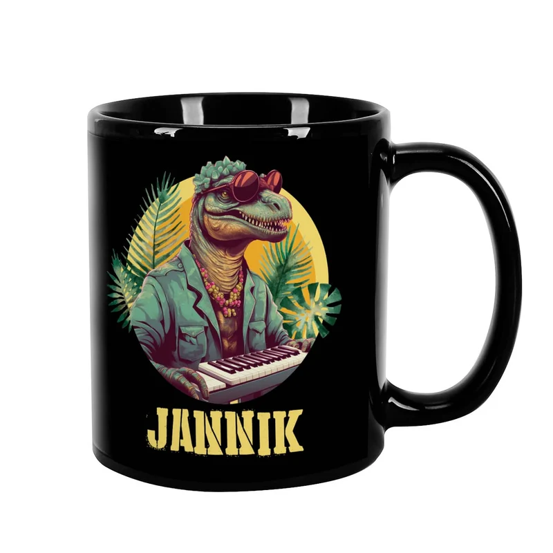 Coole Tasse in schwarz mit Crazy-Dinos und Ihrem Wunschnamen bedruckt