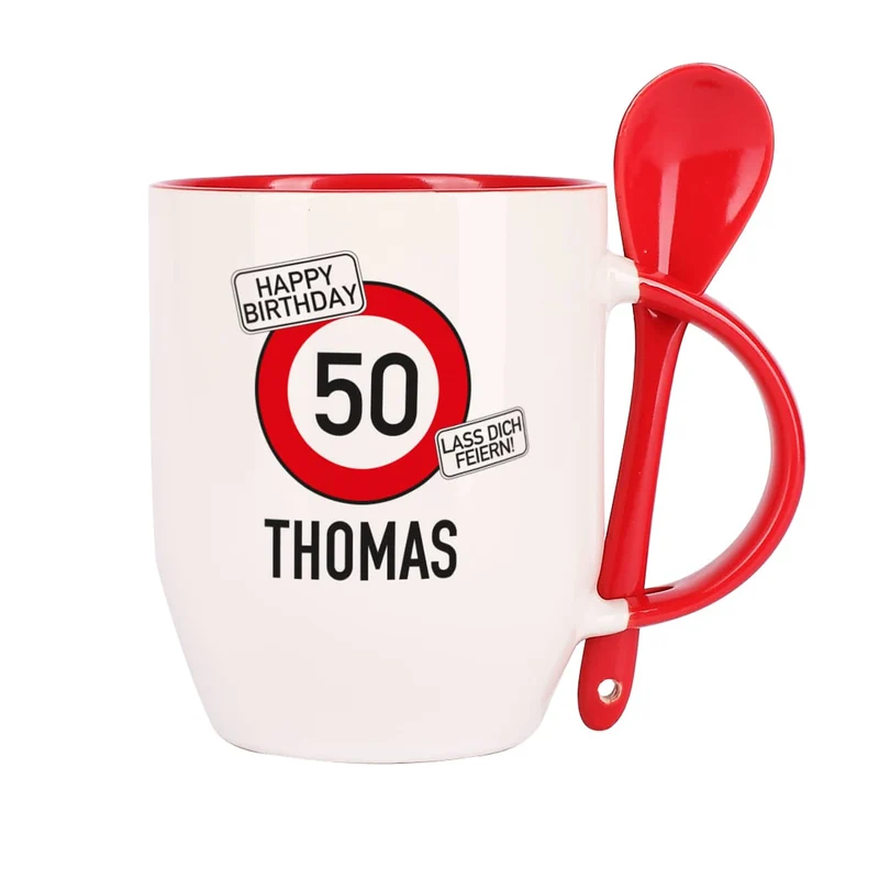 Rote Löffeltasse mit Verkehrszeichenmotiv als Geburtstagsgeschenk