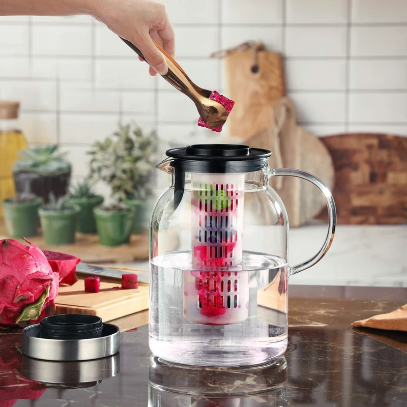 Glass Water Pitcher, Fruit Infuser Pitcher with Removable Lid, High Heat Resistance Infusion Carafe for Hot/Cold Water, Flavor-Infused Beverage & Iced Tea - 2 Qt