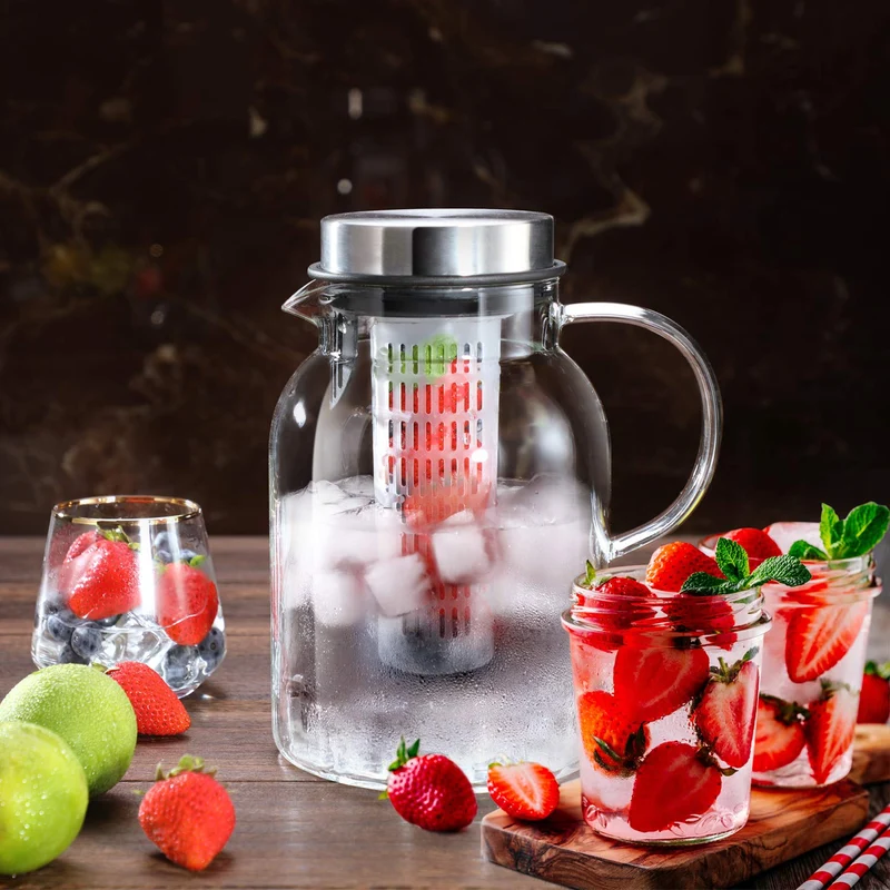 Glass Water Pitcher, Fruit Infuser Pitcher with Removable Lid, High Heat Resistance Infusion Carafe for Hot/Cold Water, Flavor-Infused Beverage & Iced Tea - 2 Qt
