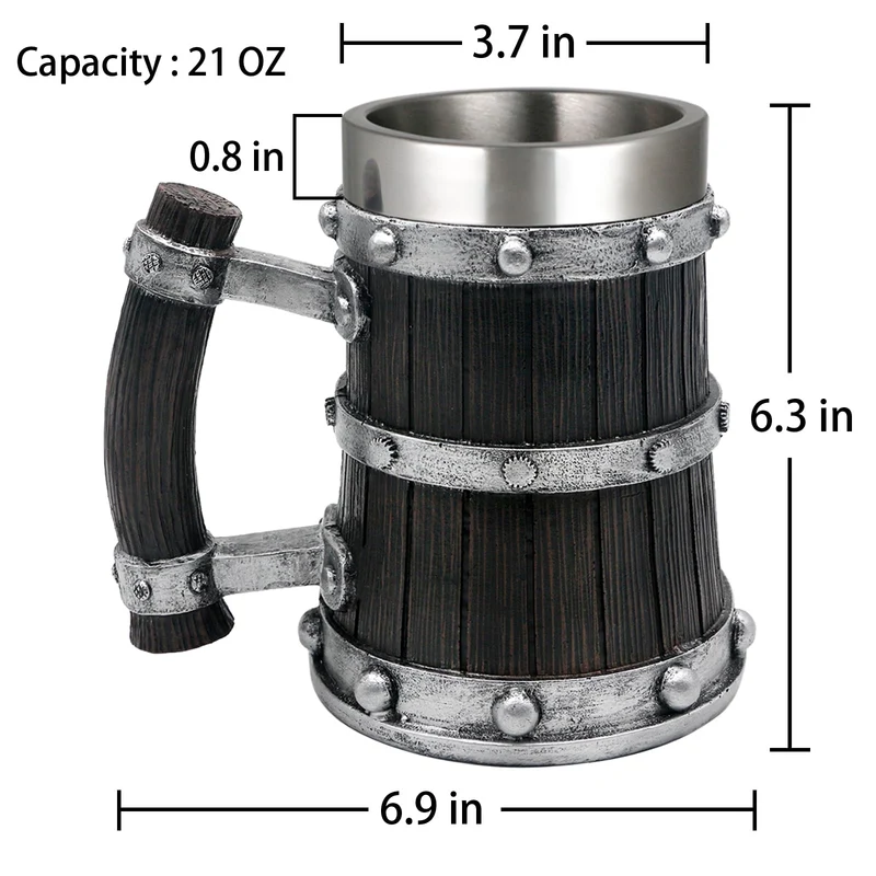 Medieval Viking Beer Mugs for Men - 21oz Norse Wood Tankard