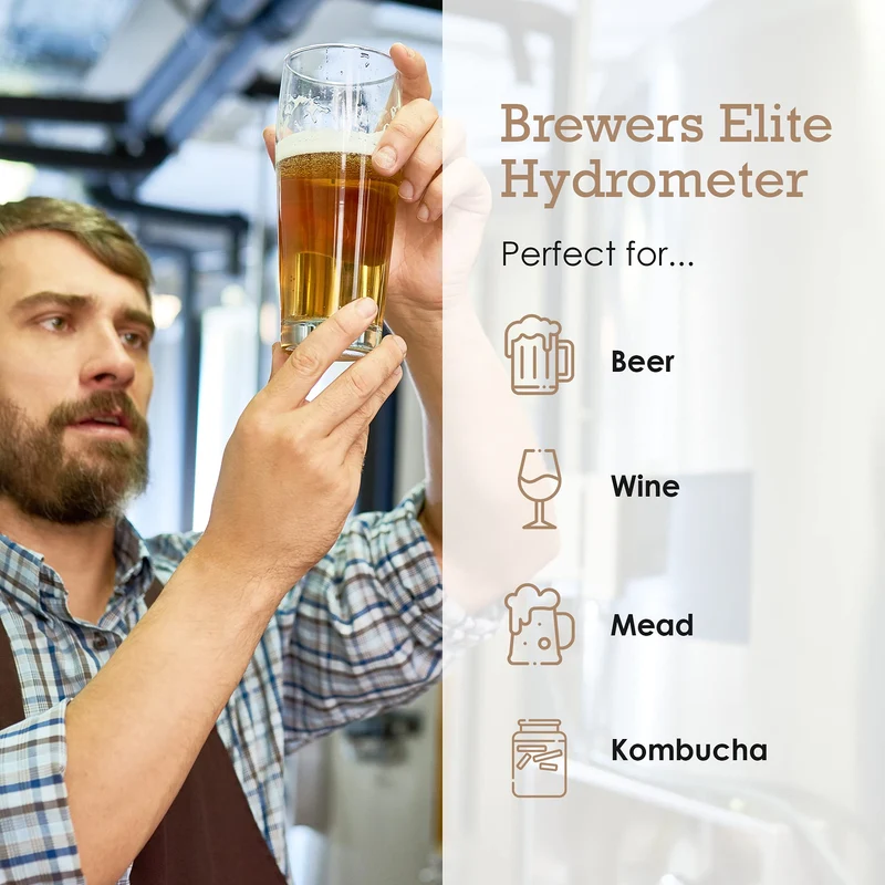 Brewer's Elite Hydrometer for Home Brew Beer, Wine, Mead and Kombucha - Deluxe Triple Scale Set with Hardcase and Cloth - Specific Gravity ABV Tester