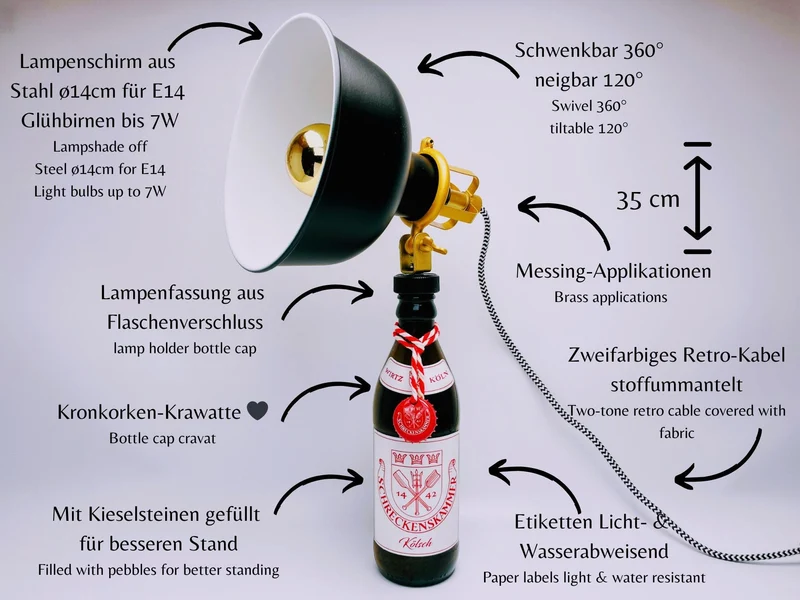 Kölsch-Lampe Kölsche Funzel - Handgemachte Tischlampe aus Bierflasche - Upcycling Deko-Leuchte - Perfektes Geschenk für Bier- und Köln-Fan