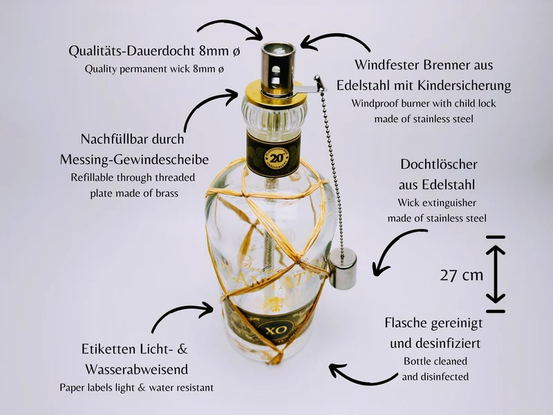 Rum-Öllampe ”Plantation XO 20th Anniversary” | Handgemachte Öllampe aus Rum-Flaschen | Upcycling | Handgemacht | Geschenk | Deko | H:27cm