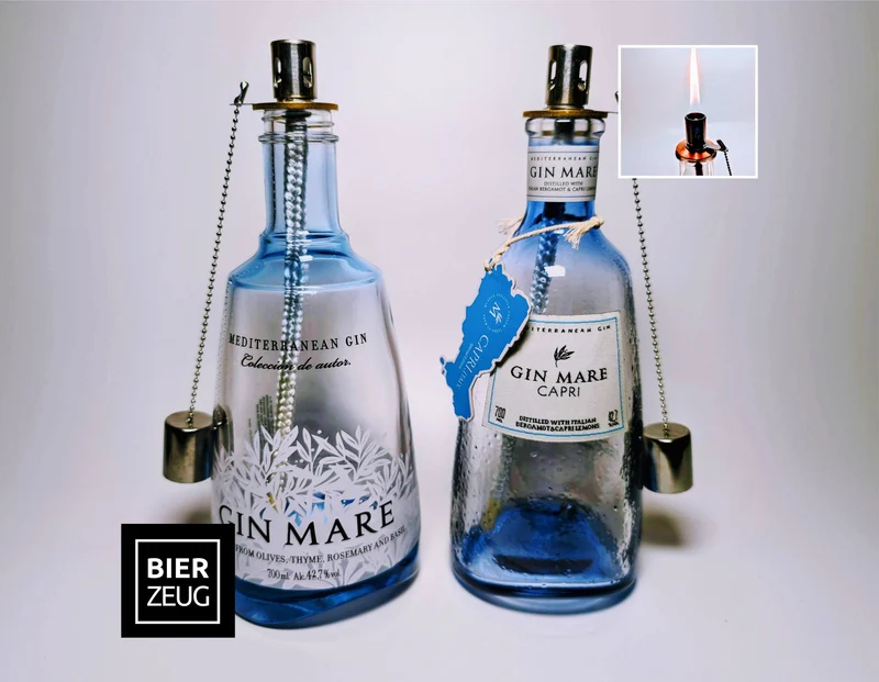 Gin Öllampe “Mare“ | Handgefertigte Upcycling Öllampe aus Gin Mare Flasche | Perfekte Deko für Garten & Balkon | Geschenk für Gin Liebhaber